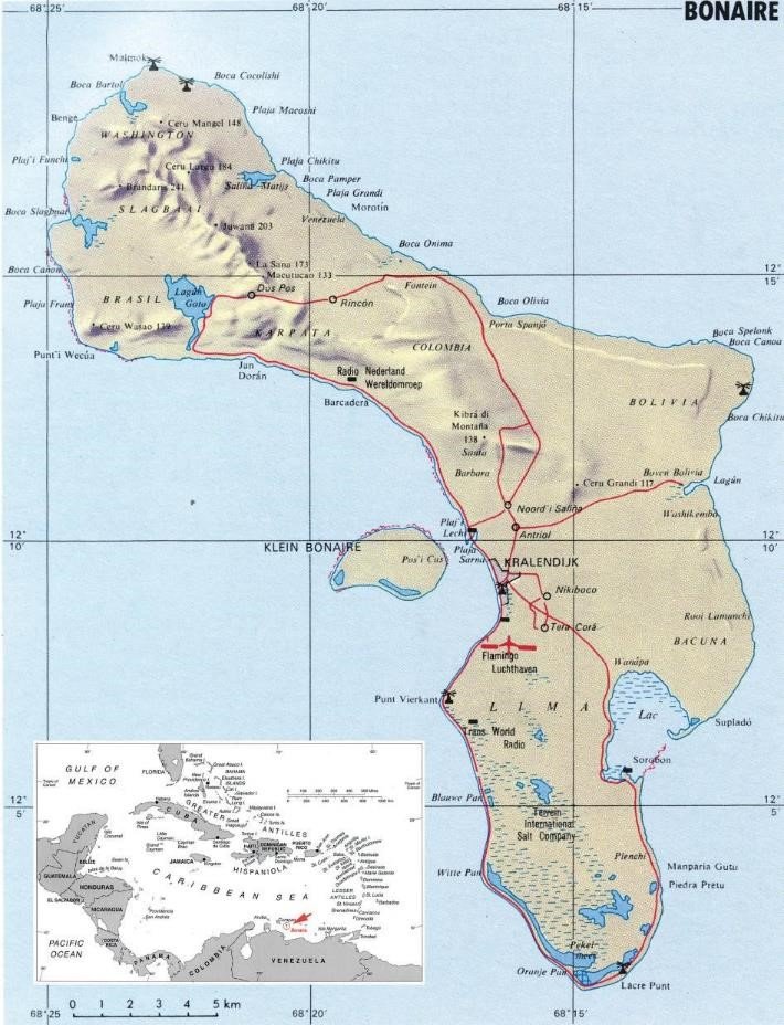 Mapa de Bonaire y su ubicación en el Mar Caribe