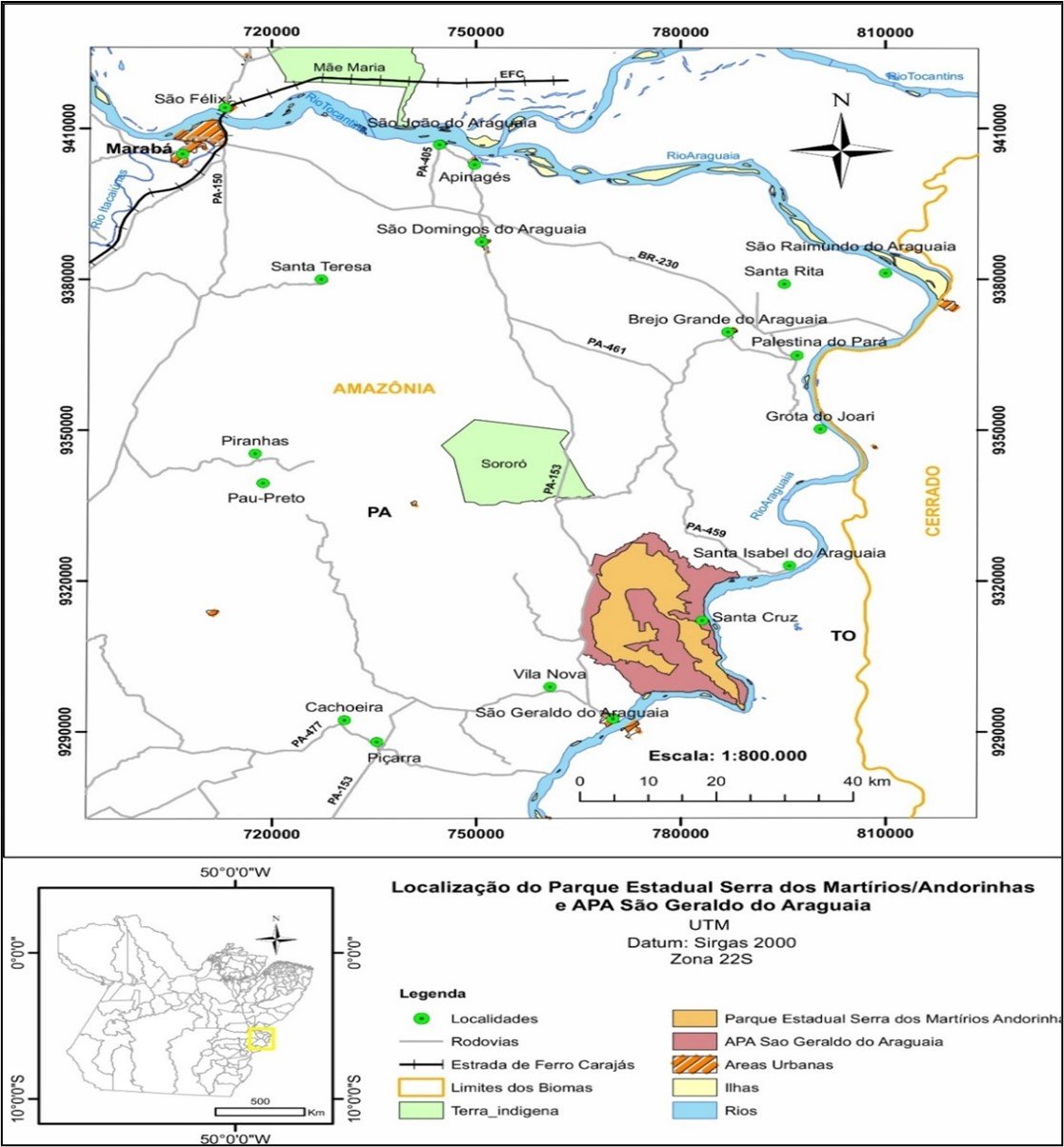 Mapa de ubicación del Parque Estatal Serra dos Martírios Andorinhas y APA Araguaiajpg